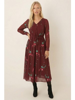 Armonika Kadın Bordo V Yaka Kemerli Astarlı Şifon Midi Boy Elbise ARM-26K001042