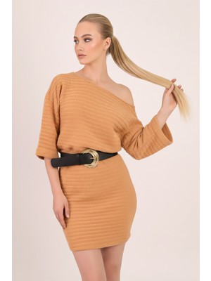 Armonika Kadın Camel Kayık Yaka Yarasa Kol Yumuşak Dokulu Elbise ARM-26K001039