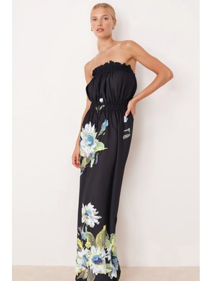 Armonika Kadın Yeşil Robası Lastikli Straplez Yırtmaçlı Uzun Elbise ARM-25Y001105