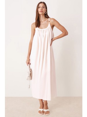 Armonika Kadın Krem Yakası Büzgülü Ip Askılı Astarlı Uzun Elbise ARM-25Y001103