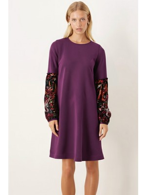 Armonika Kadın Mor Desenli Balon Kol Elbise ARM-26K001051