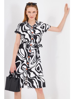 Armonika Kadın Siyah Desenli Kemerli Beli Bağlamalı Kısa Kol Gömlek Elbise ARM-22Y001058