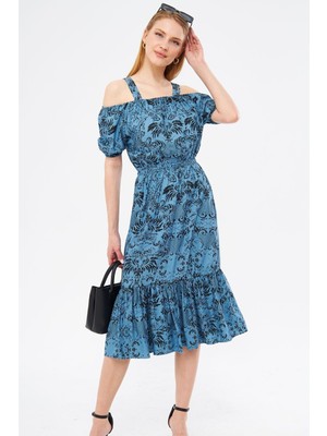 Armonika Kadın Buzmavi Desenli Beli Lastikli Askılı Elbise ARM-23Y001053