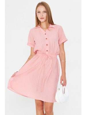 Armonika Kadın Pudra Beli Lastikli Kısa Kol Gömlek Elbise ARM-23Y001035