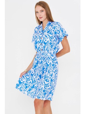 Armonika Kadın Saks Beli Lastikli Desenli Kısa Kol Gömlek Elbise ARM-23Y001079