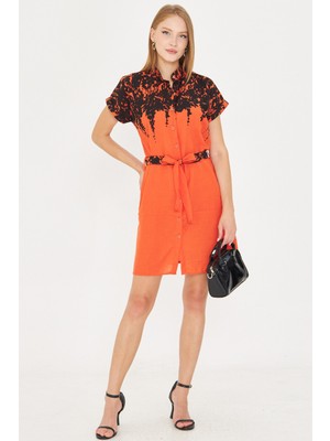 Armonika Kadın Oranj Hakim Yaka Kısa Kollu Beli Kuşaklı Gömlek Elbise ARM-25Y001054