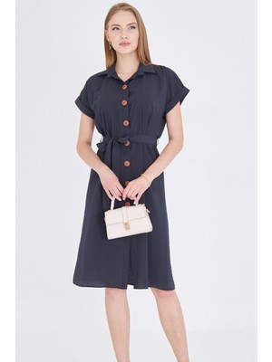 Armonika Kadın Siyah Beli Kemerli Kısa Kol Gömlek Elbise ARM-25Y001065