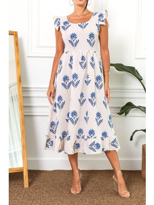 Armonika Kadın Koyu Mavi Kolu Fırfırlı Sırtı Fermuarlı Uzun Elbise ARM-23Y001114