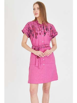 Armonika Kadın Fuşya Hakim Yaka Kısa Kollu Beli Kuşaklı Gömlek Elbise ARM-25Y001054