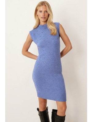 Armonika Kadın Mavi Önü Boncuklu Kolsuz Triko Elbise ARM-26K136034
