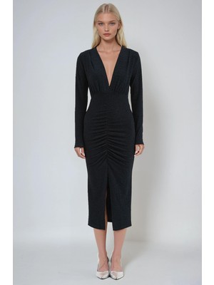 Lijuri Büzgü Detaylı ve Simli V Yaka Midi Elbise 2947 R6-D-K3