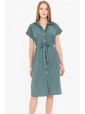 Armonika Kadın Turkuaz Beli Kemerli Kısa Kol Gömlek Elbise ARM-25Y001065