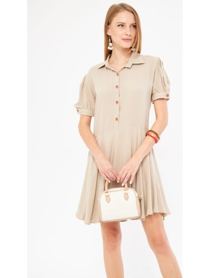 Armonika Kadın Bej Gömlek Yaka Kolu Yırtmaç Detaylı Kloş Karpuz Kol Elbise ARM-24Y001083