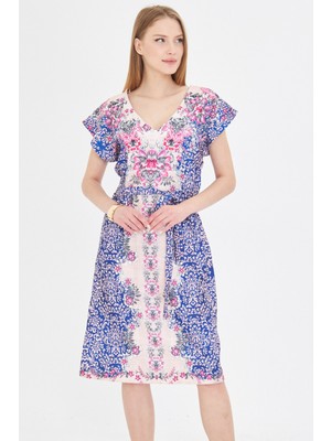 Armonika Kadın Saks Ön Arka V Yaka Kuşaklı Desenli Elbise ARM-25Y001018