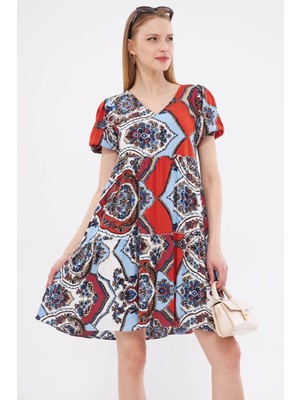 Armonika Kadın Bebe Mavi V Yaka Kısa Kol Desenli Fırfırlı Elbise ARM-24Y001014