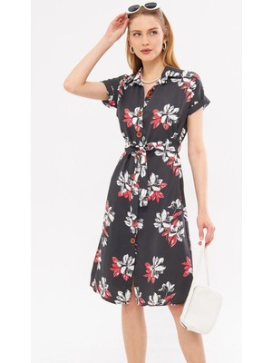 Armonika Kadın Antrasit Büyük Çiçekli Beli Kemerli Kısa Kol Gömlek Elbise ARM-22Y001007