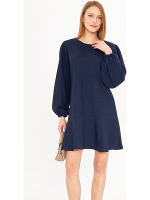 Armonika Kadın Lacivert Yuvarlak Yaka Eteği Volanlı Kolları Büzgülü Astarlı Kaşe Elbise ARM-25K001094