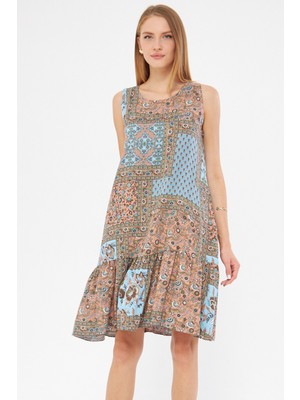 Armonika Kadın Bebe Mavi Desenli Kolsuz Eteği Fırfırlı Elbise ARM-22K001142