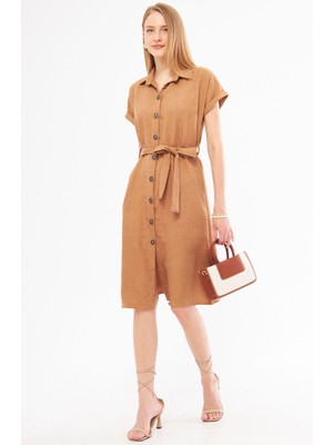 Armonika Kadın Açık Kahve Keten Görünümlü Beli Kemerli Kısa Kol Gömlek Elbise ARM-24Y001084
