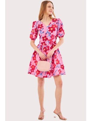 Armonika Kadın Pembe Ön Arka V Yaka Balon Kol Kemer Detaylı Desenli Mini Elbise ARM-24Y001016