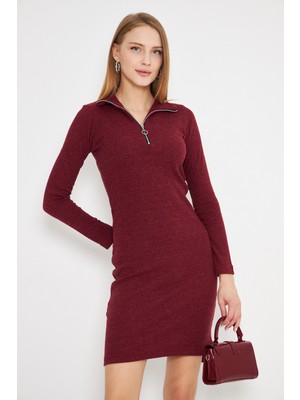 Armonika Kadın Bordo Yakası Fermuarlı Kaşkorse Diz Üstü Elbise ARM-24Y001001