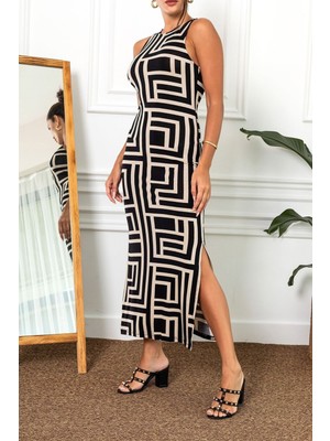 Armonika Kadın Bej Sıfır Yaka Kolsuz Yırtmaçlı Uzun Elbise ARM-23Y001090