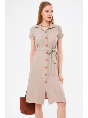 Armonika Kadın Bej Beli Kemerli Kısa Kol Gömlek Elbise ARM-19Y001068