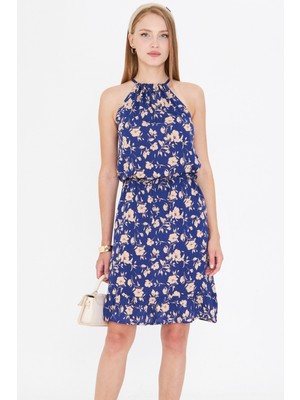 Armonika Kadın Lacivert Boyundan Bağlamalı Beli Kuşaklı Eteği Fırfırlı Elbise ARM-23Y001112