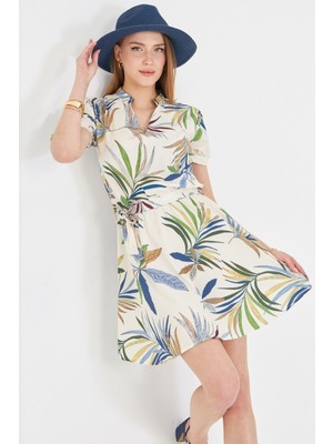 Armonika Kadın Krem Hakim Yaka Kolu Bağlamalı Beli Lastikli Kemerli Kısa Elbise ARM-25Y001033