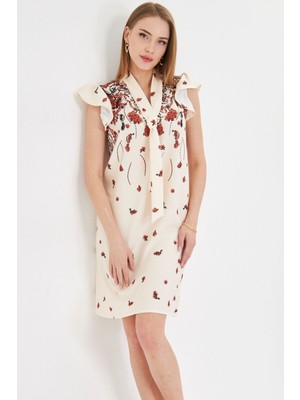 Armonika Kadın Kiremit V Yaka Kolları Fırfırlı Kravat Detaylı Elbise ARM-25Y001023