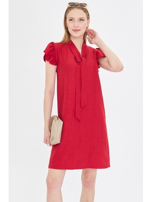 Armonika Kadın Kırmızı V Yaka Kolları Fırfırlı Kravat Detaylı Elbise ARM-25Y001022
