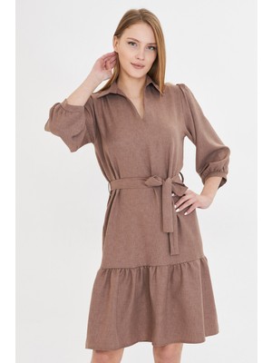Armonika Kadın Vizon Gömlek Yaka Çeyrek Kol Beli Kuşaklı Eteği Büzgülü Elbise ARM-25Y001010