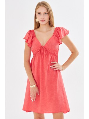 Armonika Kadın Nar Çiçeği V Yaka Kolları ve Eteği Fırfırlı Göğsü Bağlamalı Elbise ARM-25Y001083