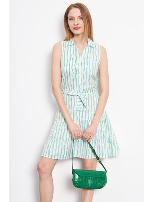 Armonika Kadın Yeşil Önü Düğmeli Beli Kemerli Yakalı Kolsuz Elbise ARM-24Y001066