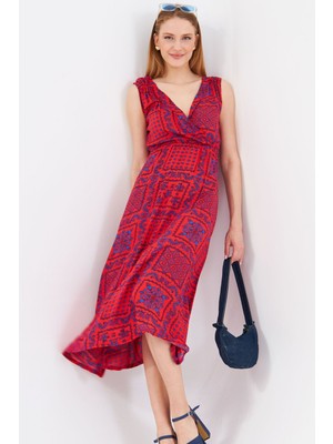 Armonika Kadın Mercan Desenli Beli ve Omzu Lastikli Kruvaze Yaka Midi Boy Eteği Elbise ARM-24Y001052