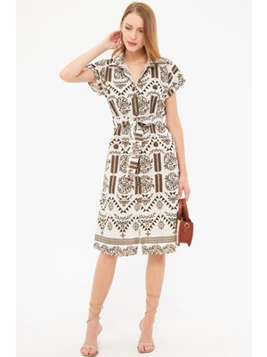 Armonika Kadın Kahve Desenli Keten Görünümlü Beli Kemerli Kısa Kol Gömlek Elbise ARM-24Y001108