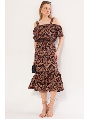 Armonika Kadın Vizon Kareli Çiçek Desenli Askılı Beli Lastikli Elbise ARM-21K001202