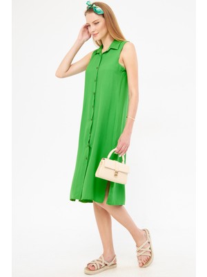 Armonika Kadın Yeşil Yakalı Düğmeli Elbise ARM-17Y00028