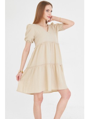 Armonika Kadın Bej V Yaka Kısa Kol Fırfırlı Elbise ARM-25Y001049