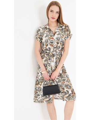 Armonika Kadın Krem Desenli Beli Kemerli Kısa Kol Gömlek Elbise ARM-22Y001007