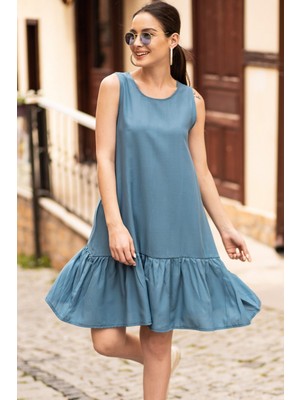 Armonika Kadın Indigo Kolsuz Eteği Fırfırlı Elbise ARM-18Y001156