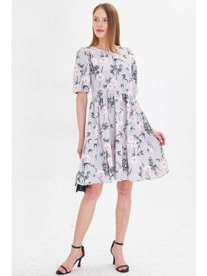 Armonika Kadın Gri Sıfır Yaka Arkası Fermuarlı Karpuz Kol Beli Büzgülü Elbise ARM-25Y001009