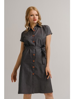 Armonika Kadın Füme Beli Kemerli Kısa Kol Gömlek Elbise ARM-19Y001068