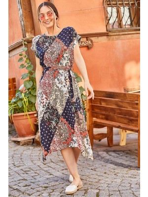 Armonika Kadın Lacivert Etnik Desen Beli Lastikli Bağlamalı Elbise ARM-21K001249