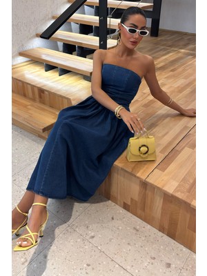 Lijuri Beli Pileli Straplez Denim Elbise 2886