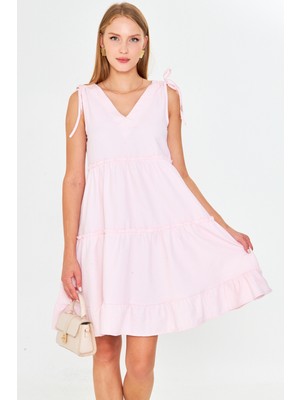 Armonika Kadın Pudra V Yaka Fırfırlı Kolsuz Omzu Bağlamalı Elbise ARM-25Y001061