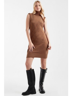 Armonika Kadın Camel Önü Boncuklu Kolsuz Triko Elbise ARM-26K136034