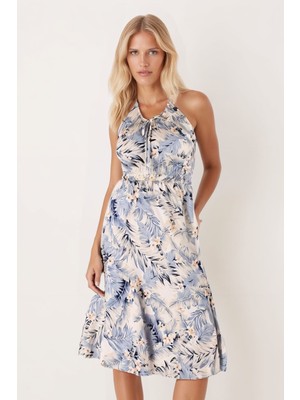 Armonika Kadın Buzmavi V Yaka Beli Lastikli Arkadan Bağlamalı Midi Boy Elbise ARM-25Y001107