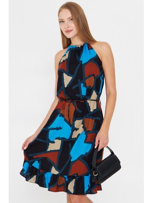 Armonika Kadın Mavi Boyundan Bağlamalı Beli Kuşaklı Eteği Fırfırlı Elbise ARM-23Y001112