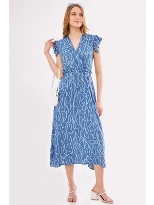 Armonika Kadın Indigo Miden Elbise Kruvaze Yaka Omuzu Fırfır Detaylı Beli Lastikli Midi Boy ARM-24Y001020